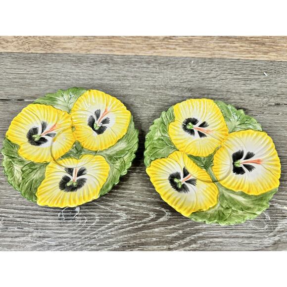Vtg. Fitz and Floyd Pansy Parade Yellow Pansies 6” Saucer ~set Of 2 - Picture 1 of 5